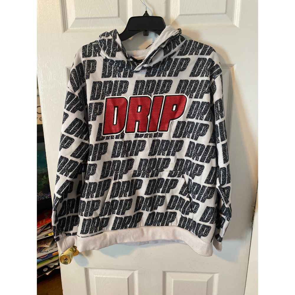 RGSTR Drip Hoodie Mens Large White Black All Over Print Red Graphic Sweatshirt